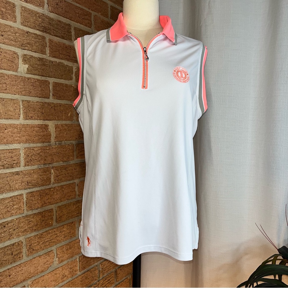Glenmuir 1891 white sleeveless 1/4 zip golf polo with coral and khaki trim- L